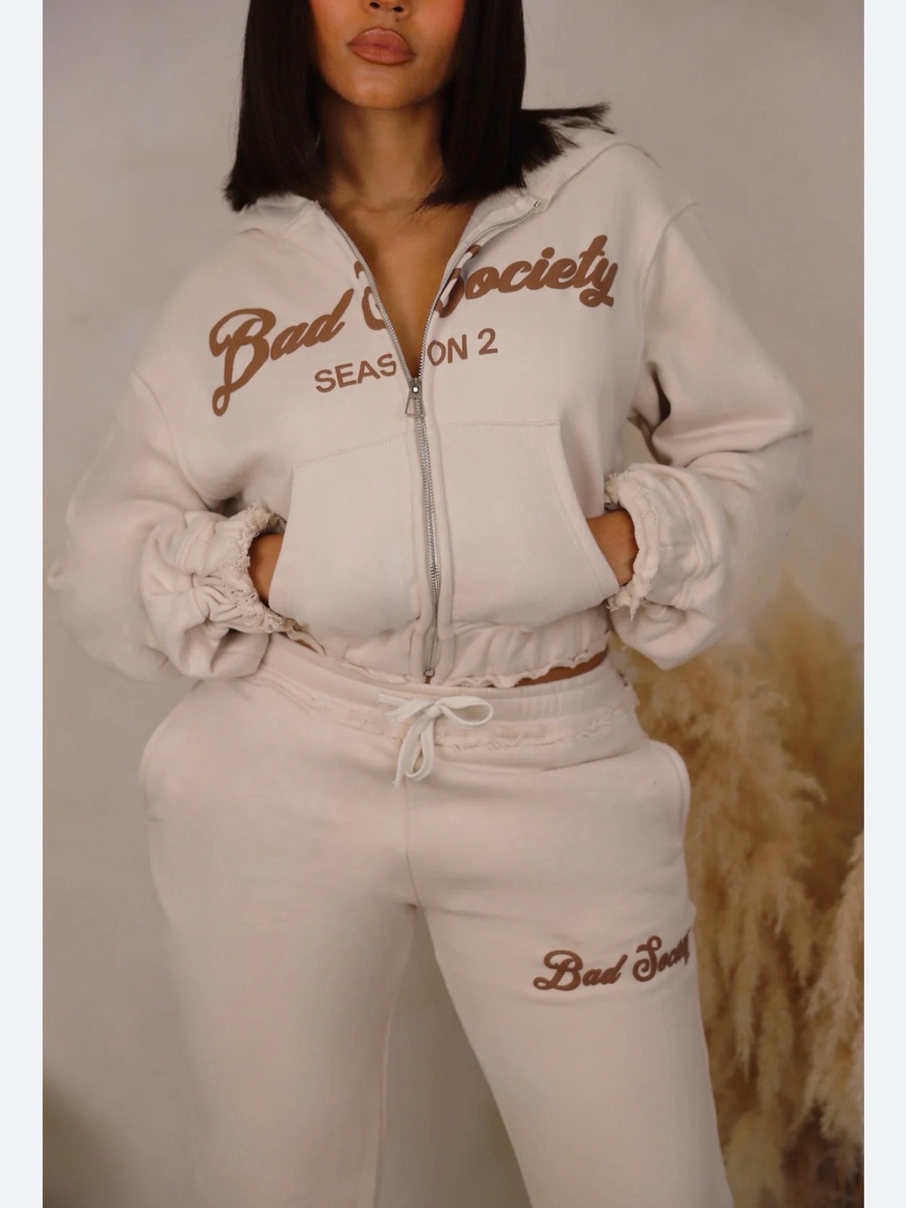 Women's Bad Society Club Season 2 Cream Zip Cropped Hoodie. Small